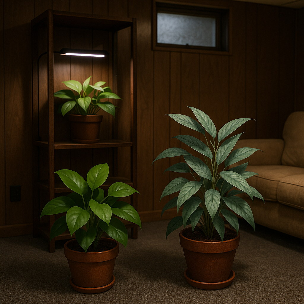 Jade pothos and Cebu Blue in finished basement with minimal natural light