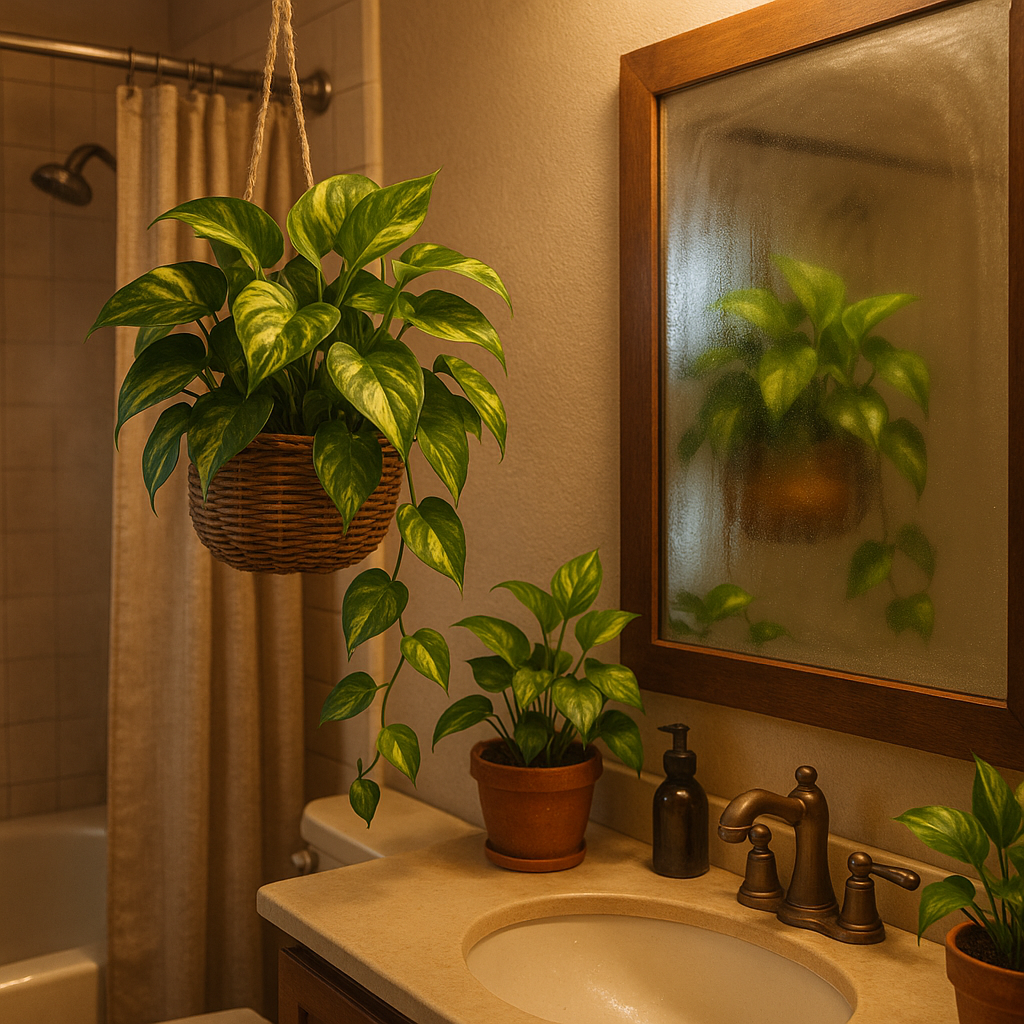 Golden pothos thriving in a bathroom with low light and high humidity