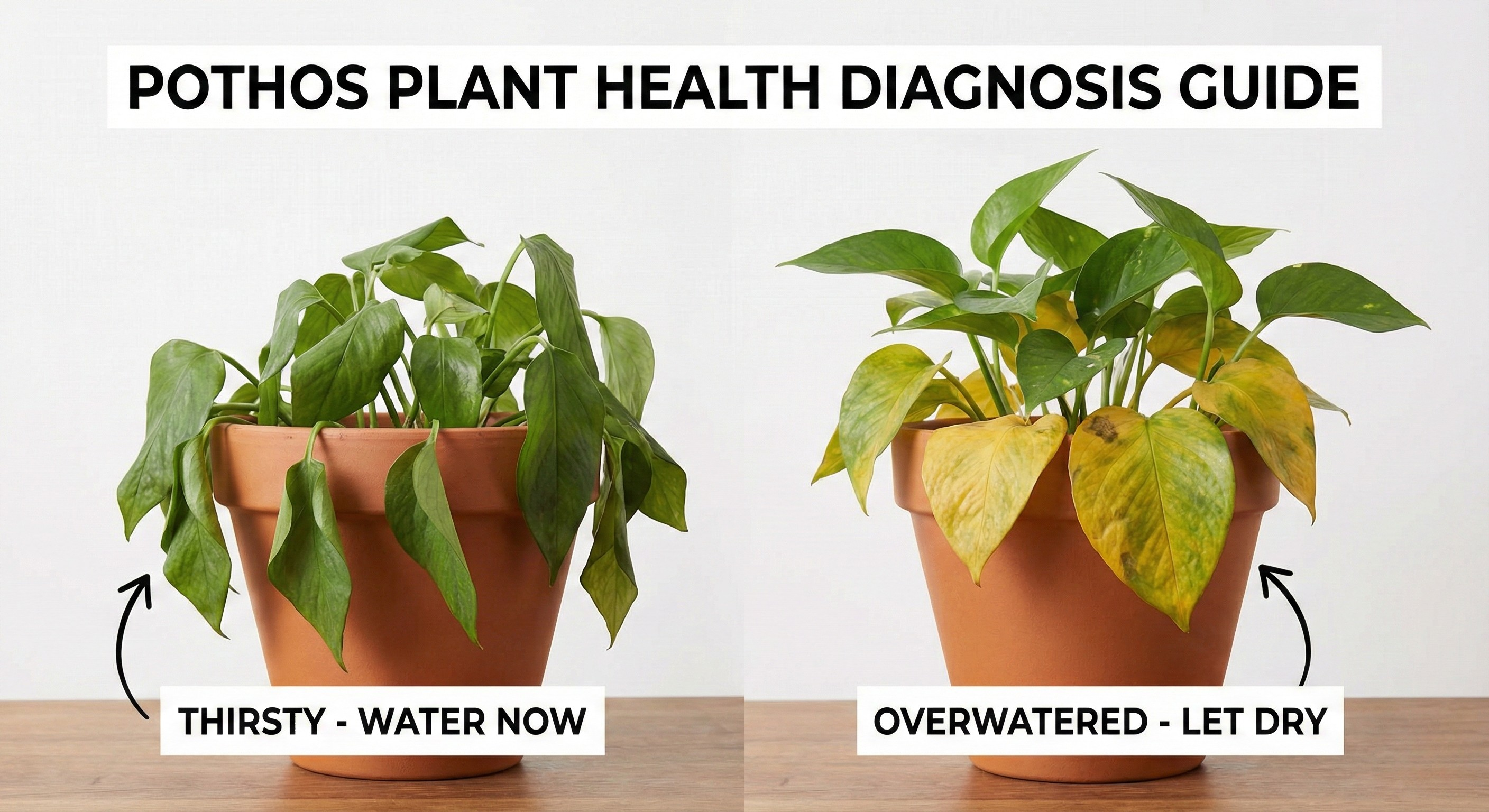 Comparison of thirsty pothos with drooping leaves vs overwatered pothos with yellow leaves
