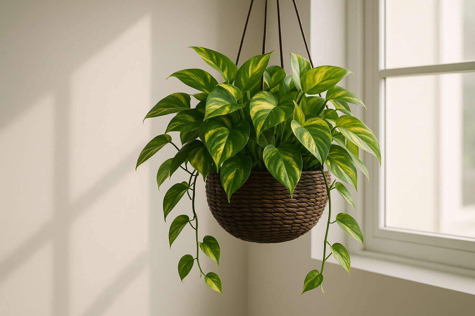 Healthy golden pothos vine with variegated leaves trailing from a hanging basket in bright indirect light