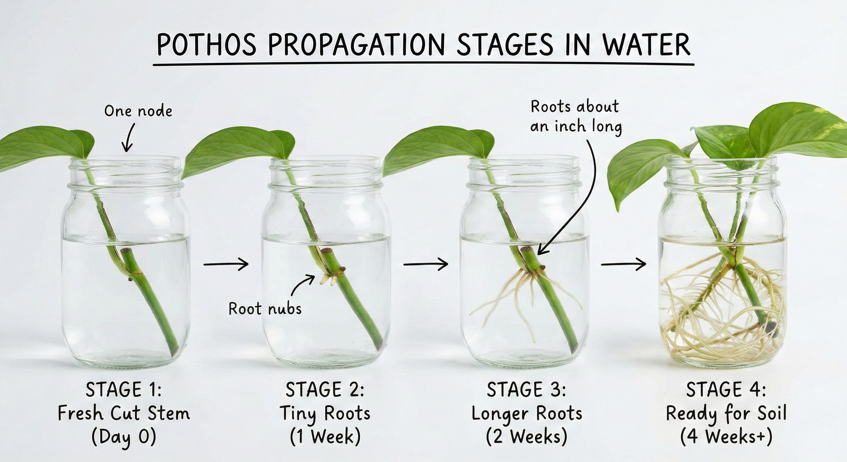 Four stage propagation timeline showing pothos cuttings with roots at 1 week, 2 weeks, and ready to pot