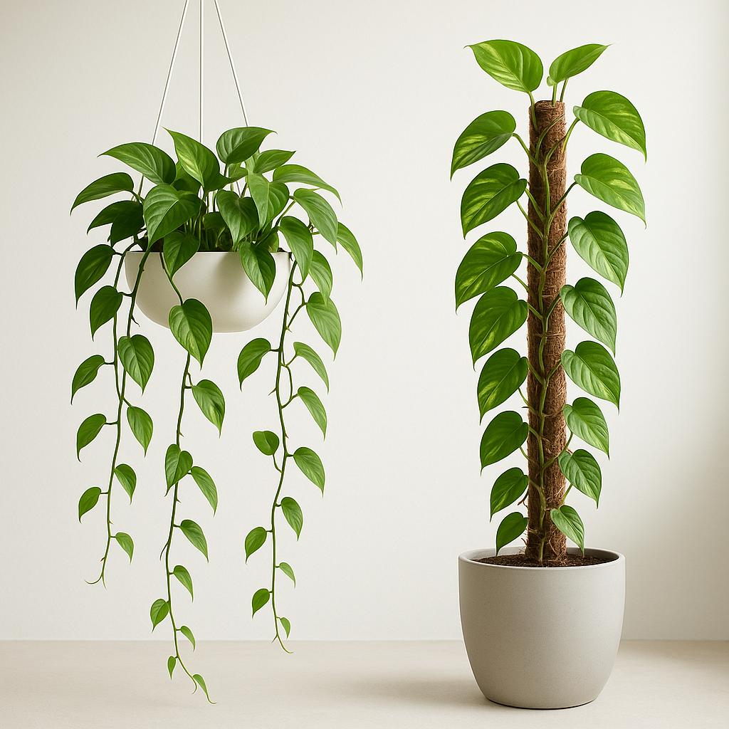 Trailing pothos in hanging basket vs climbing pothos trained up a moss pole
