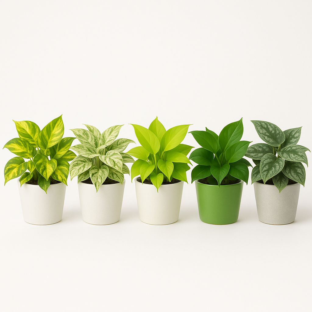 Comparison of five pothos varieties: Golden, Marble Queen, Neon, Jade, and Silver Satin side by side