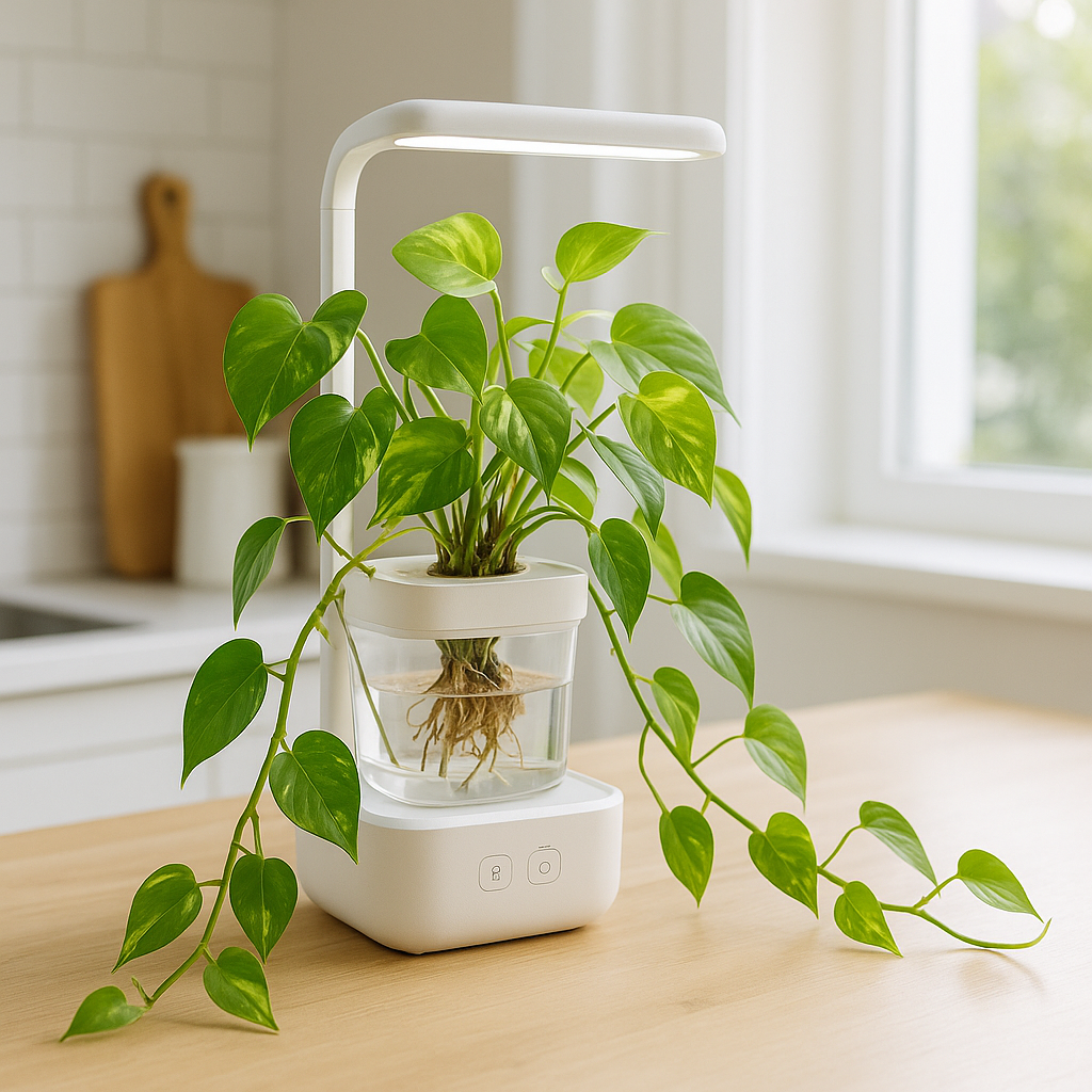 Lush trailing pothos in stylish countertop hydroponic smart garden