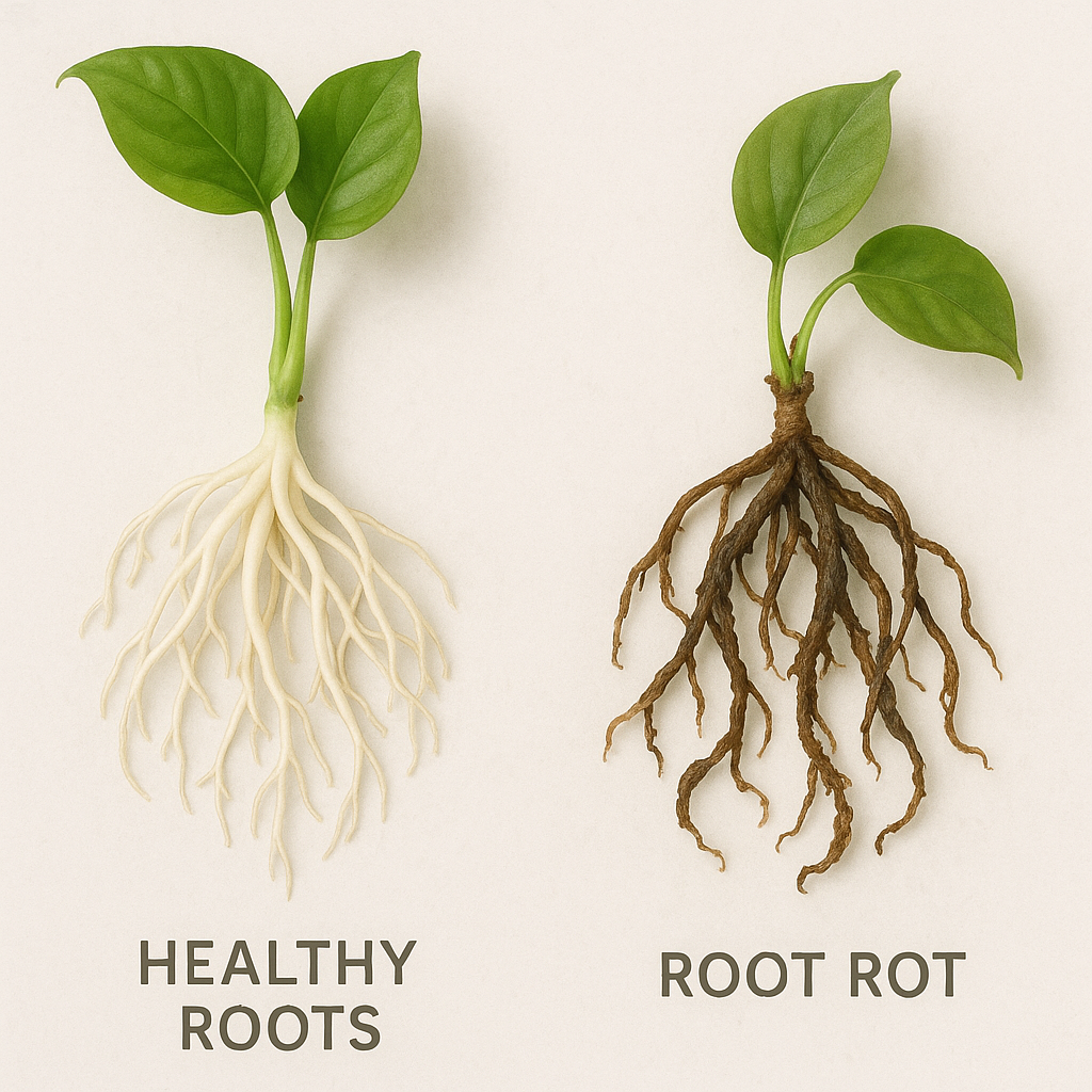 Comparison of healthy white Pothos roots vs brown mushy root rot roots