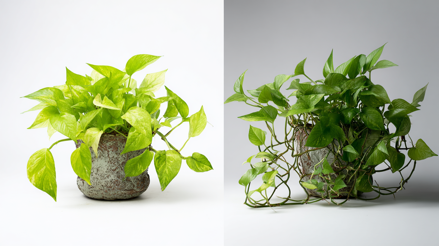 Bushy Pothos plant that needs encouragement to trail, with multiple vines growing upright