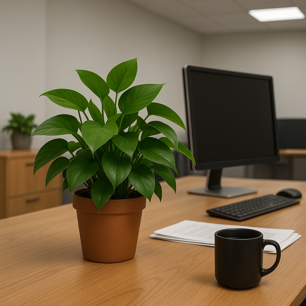 Jade pothos on office desk under fluorescent and LED lighting with no windows