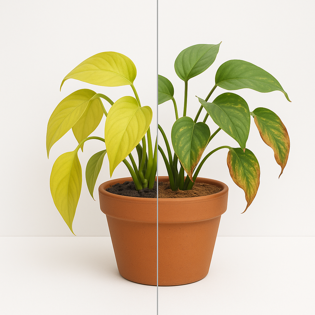 Side by side comparison of overwatered Pothos with mushy yellow leaves vs underwatered Pothos with crispy curled leaves