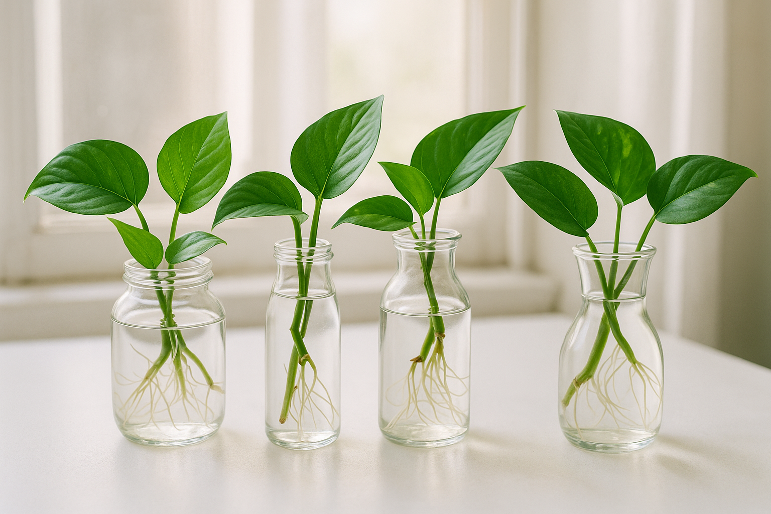 Beautiful pothos plant with multiple cuttings in glass propagation vases on windowsill