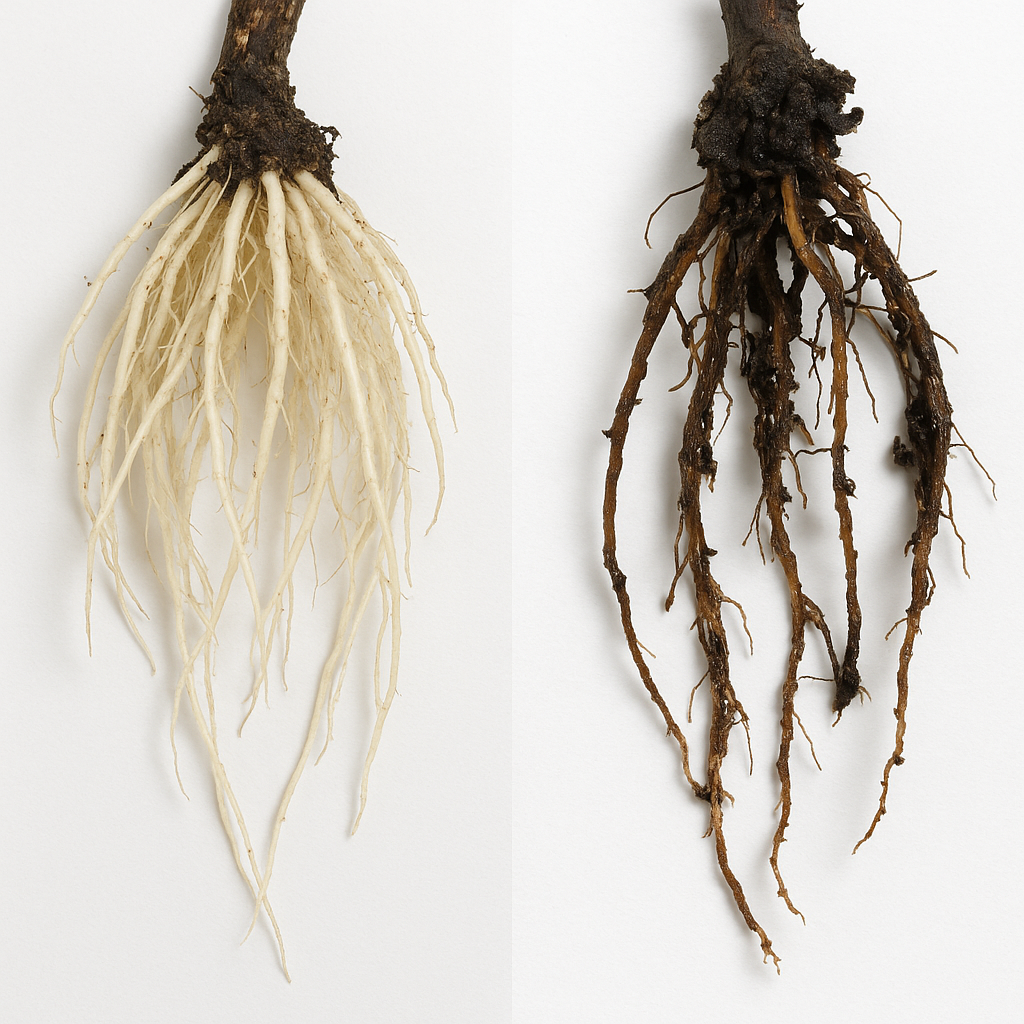 Side-by-side comparison of healthy white pothos roots vs rotting brown mushy roots