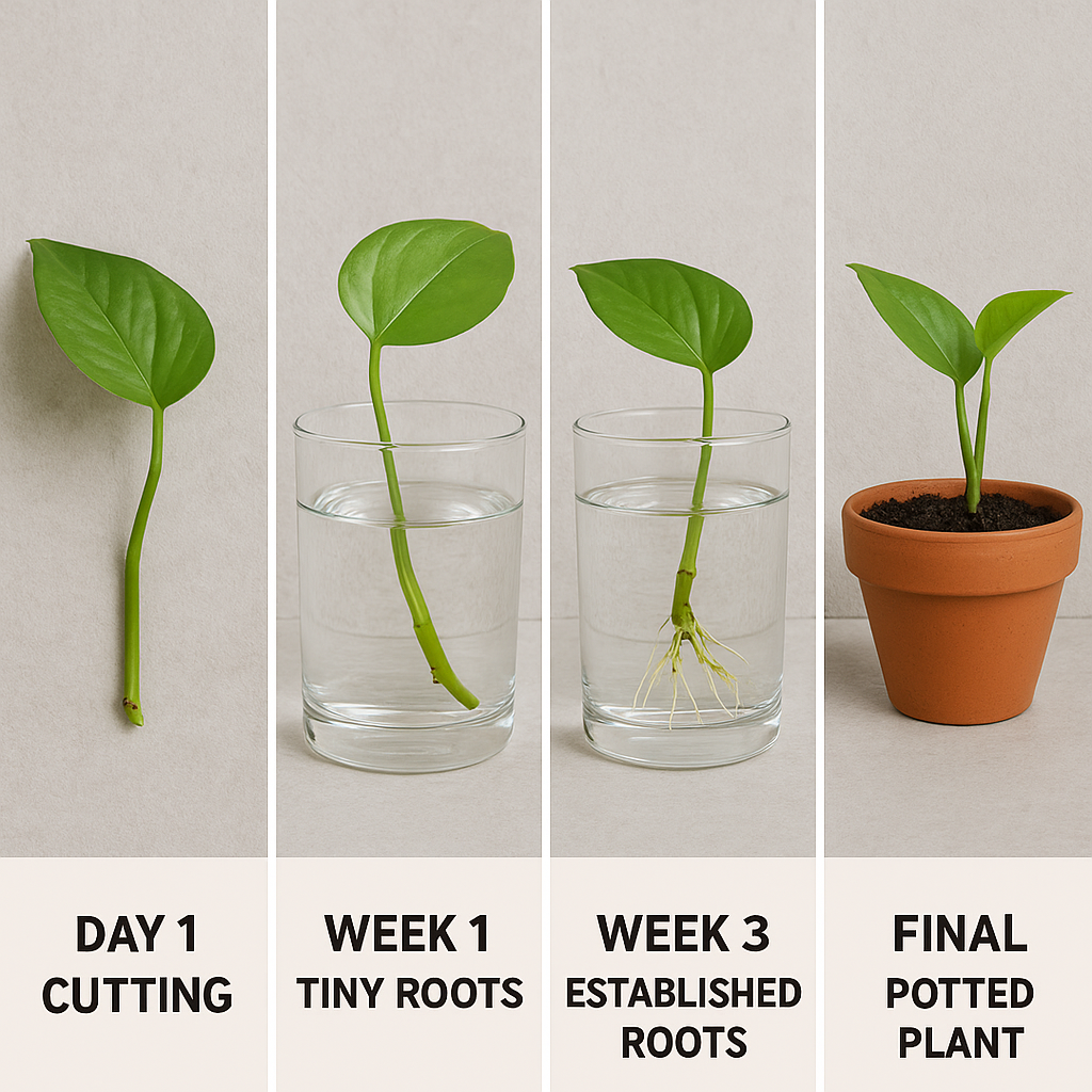 Four-photo progression showing pothos cutting to rooted plant over weeks
