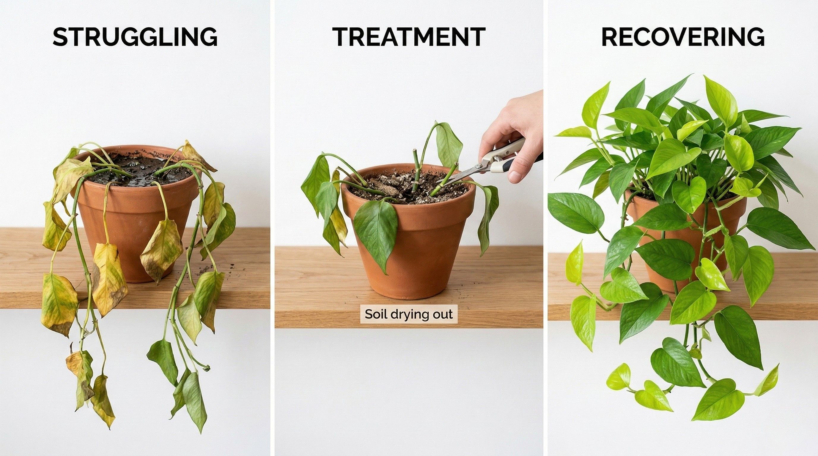 Before and after sequence of a rescued Pothos recovering from yellow leaves