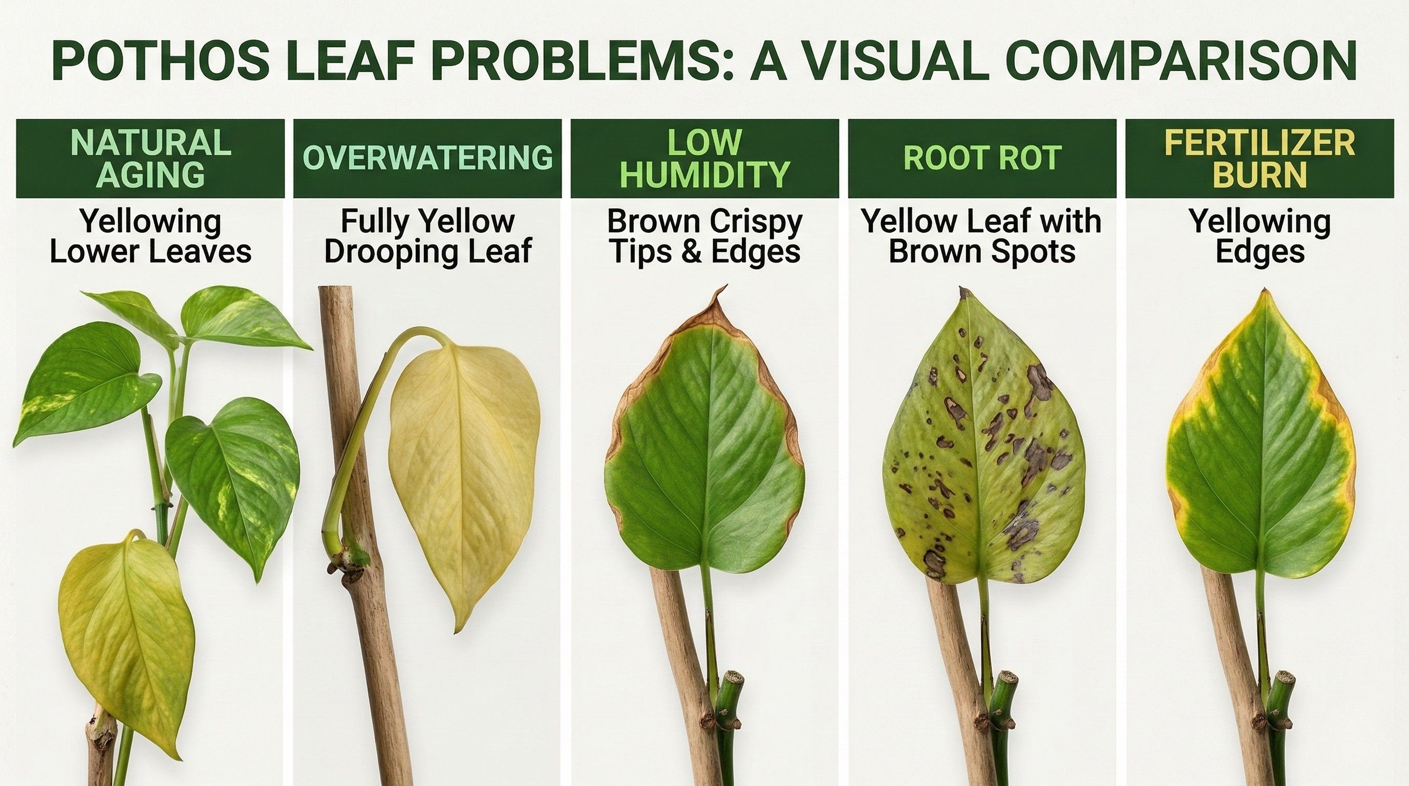 Pothos leaf yellowing pattern comparison grid showing different causes: overwatering, underwatering, root rot, fertilizer burn, and natural aging