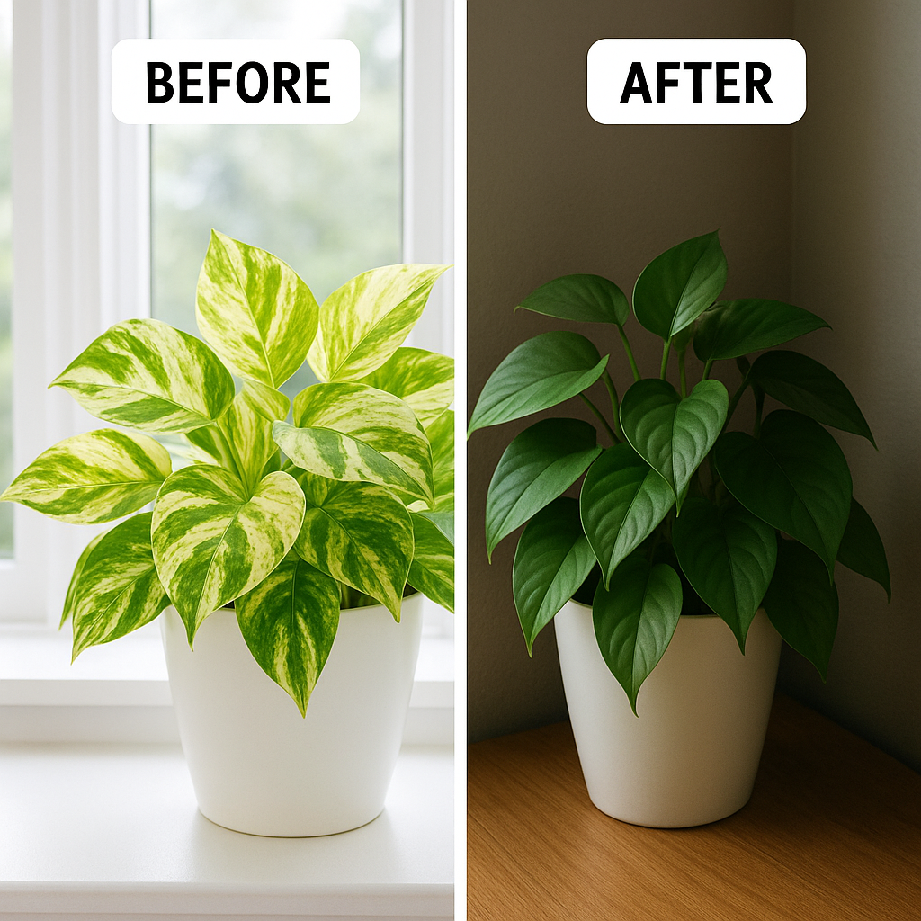 Before and after comparison of variegated pothos in bright light versus low light after 6 months