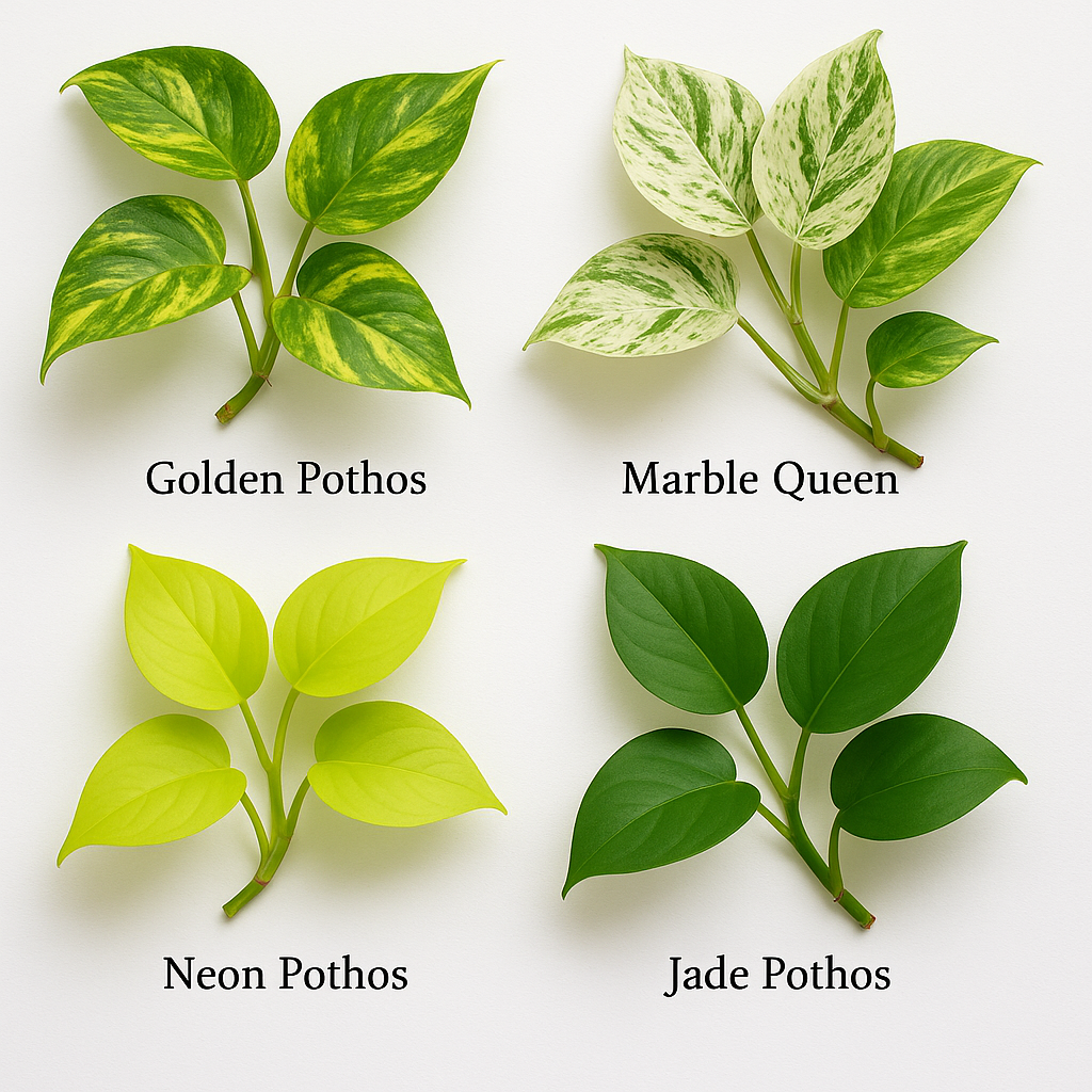 Four common Pothos varieties showing natural variegation patterns that can be confused with yellowing