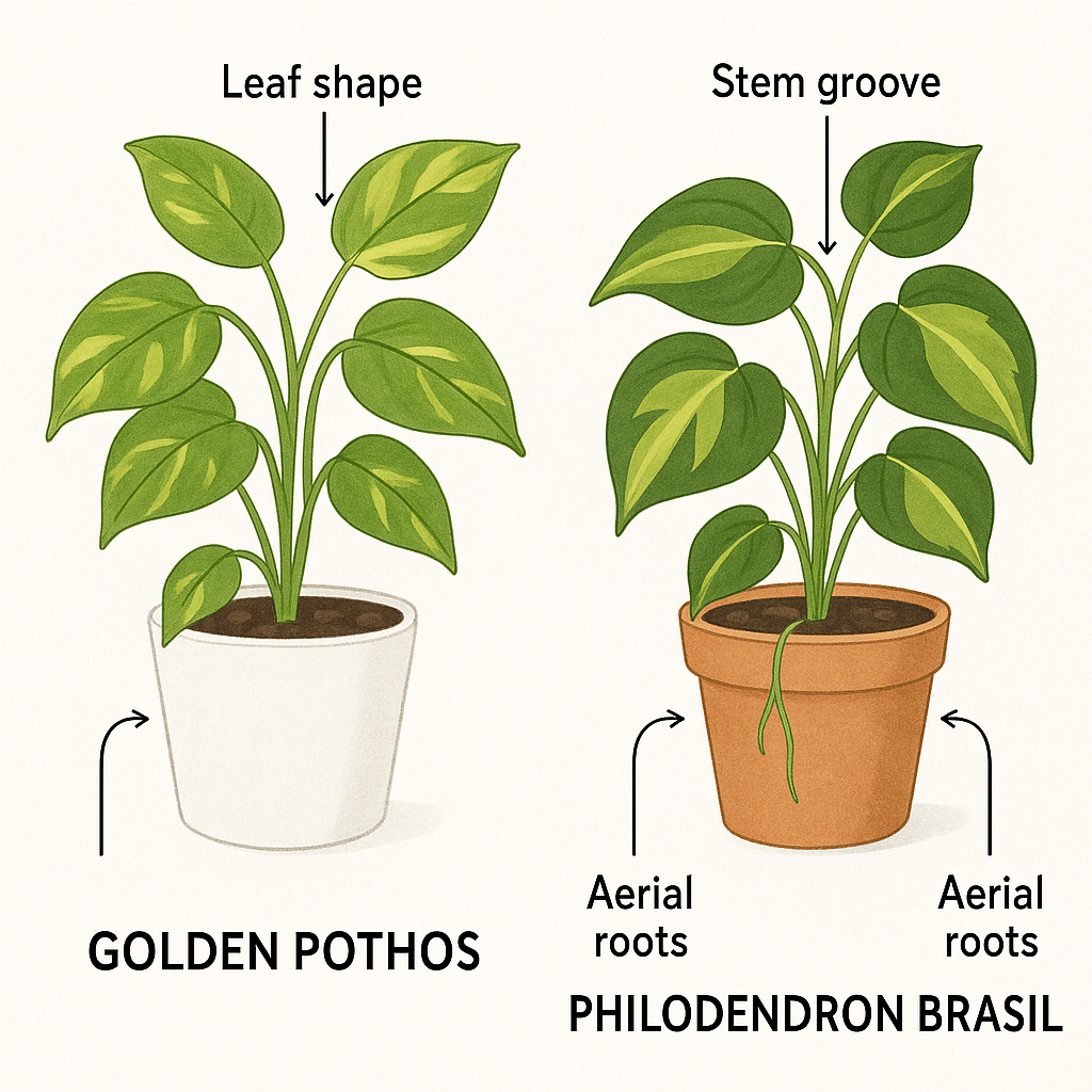 Two potted houseplants side by side — golden pothos in a white pot beside a philodendron Brasil in a terracotta pot, with arrows pointing to differentiating leaf and stem traits