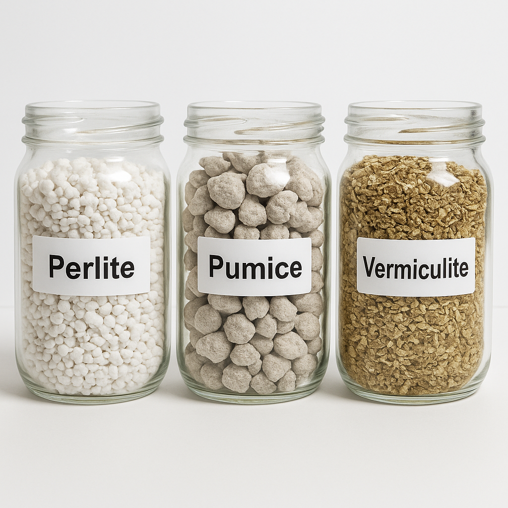 Comparison of perlite, pumice, and vermiculite in clear containers showing different particle sizes and textures