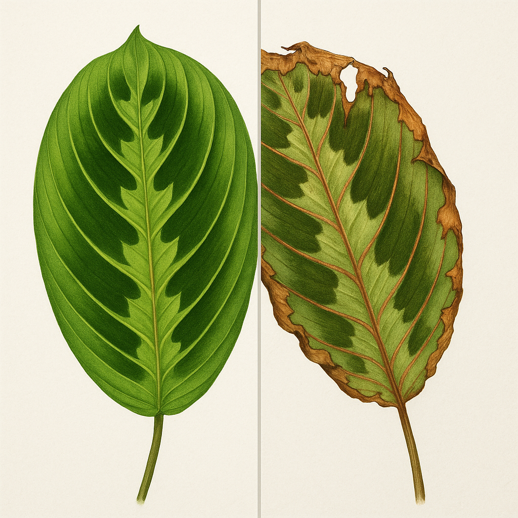 Split comparison photo showing healthy green prayer plant leaf versus brown crispy damaged edge