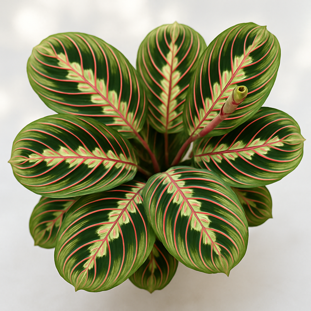 Fully unfurled healthy prayer plant showing dramatic herringbone leaf pattern in greens and creams