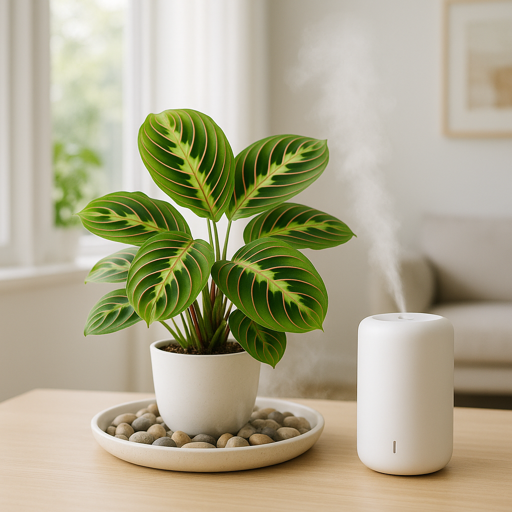 Prayer plant on a pebble tray with a humidifier running nearby