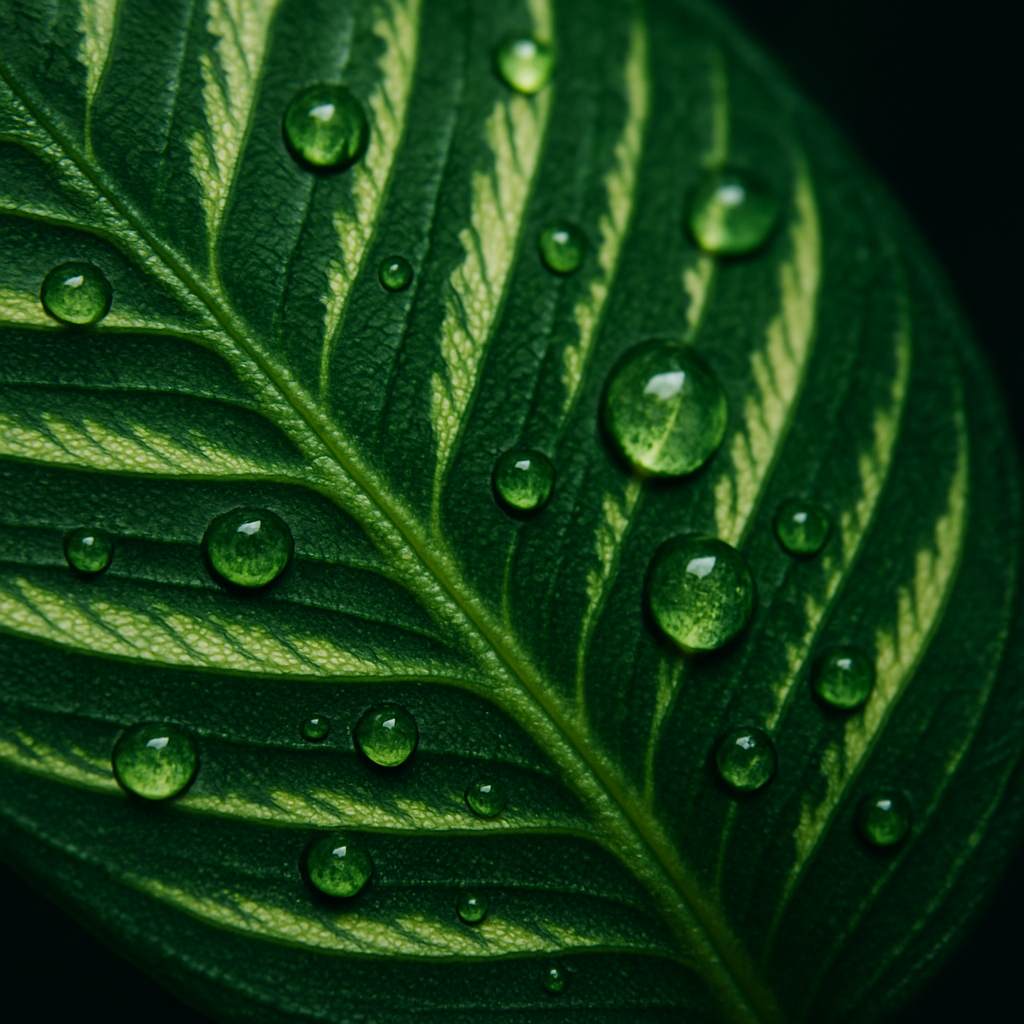 Extreme macro close-up of prayer plant leaf surface showing intricate herringbone veining and texture