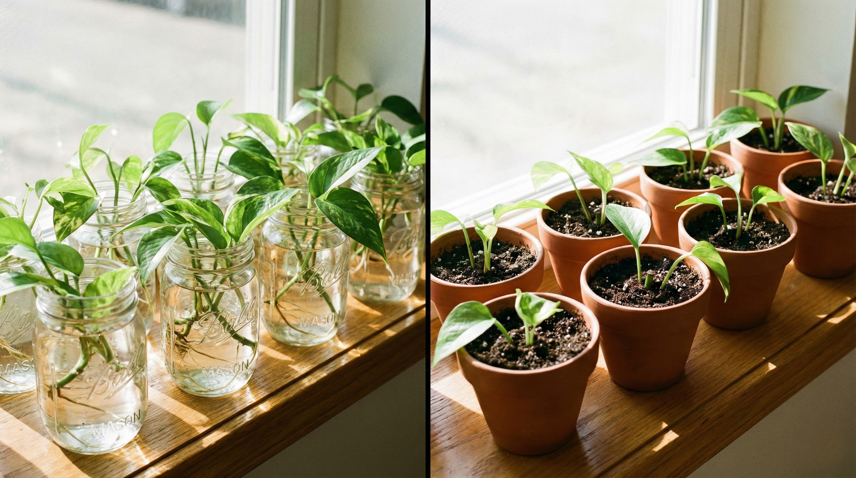 Side by side: glass jar with water propagation vs pot with soil propagation