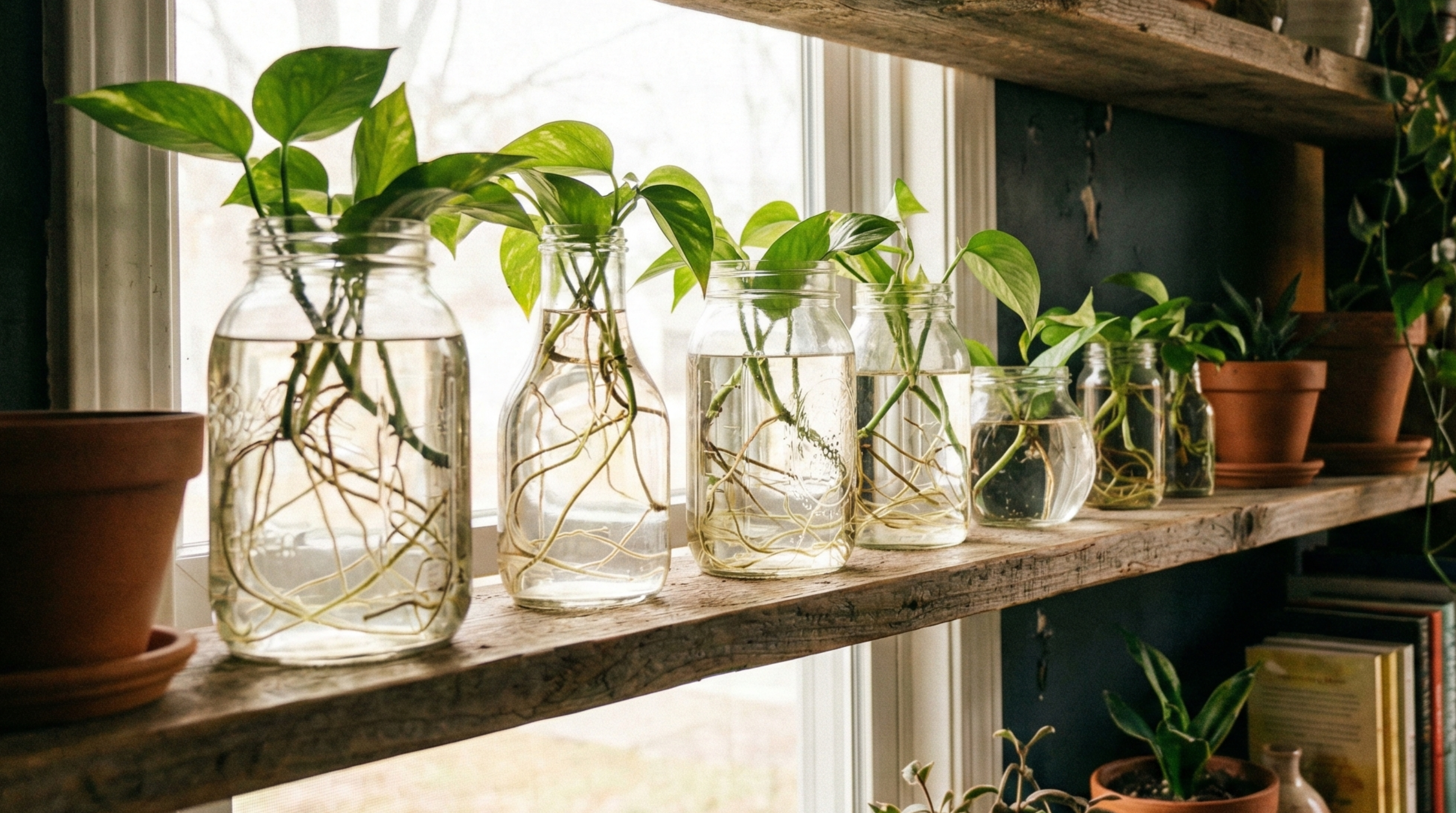 Glass jars with pothos cuttings showing roots growing in water on a wooden shelf