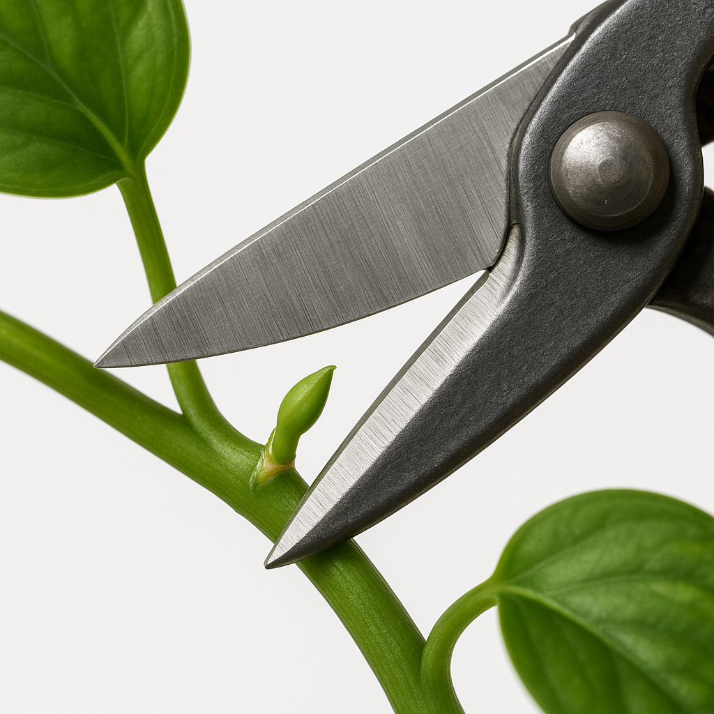 Close-up of pruning shears cutting a pothos stem just above a node, with a visible leaf node and new tiny growth point