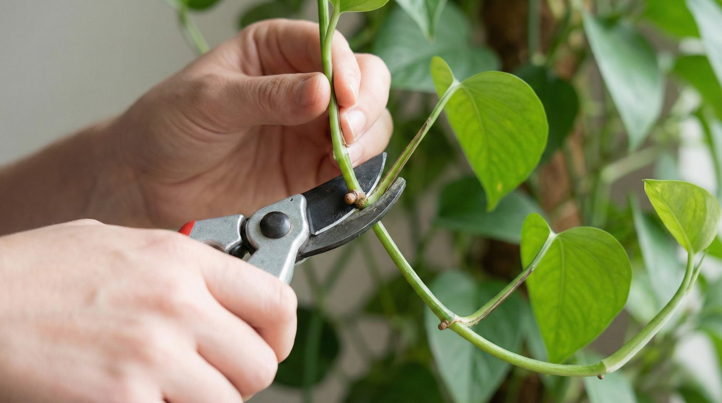 Hands pruning a pothos vine, showing where to cut