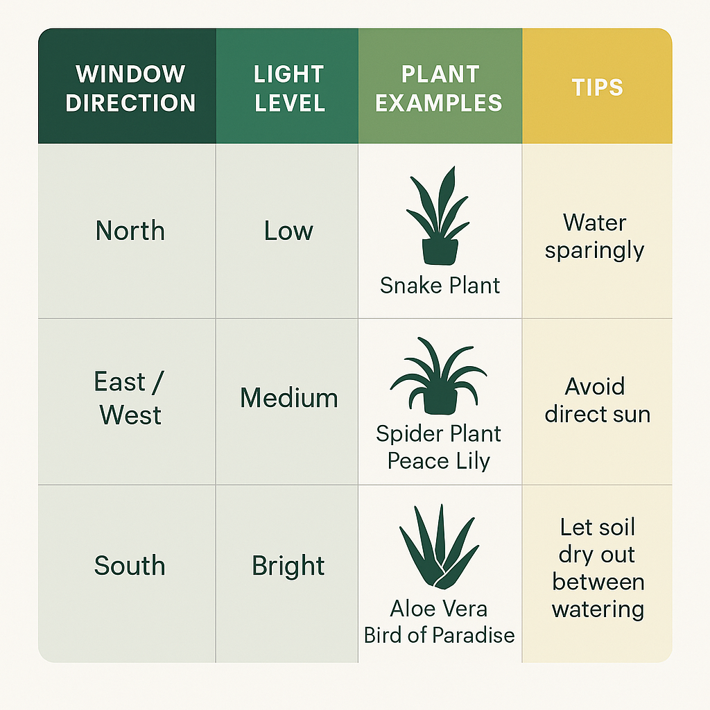 Quick reference chart - window direction, light level, best plants, examples