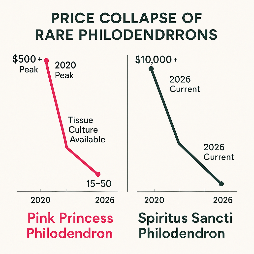 Infographic showing the price collapse of Pink Princess and Spiritus Sancti rare philodendrons from 2020 peaks to 2026 lows