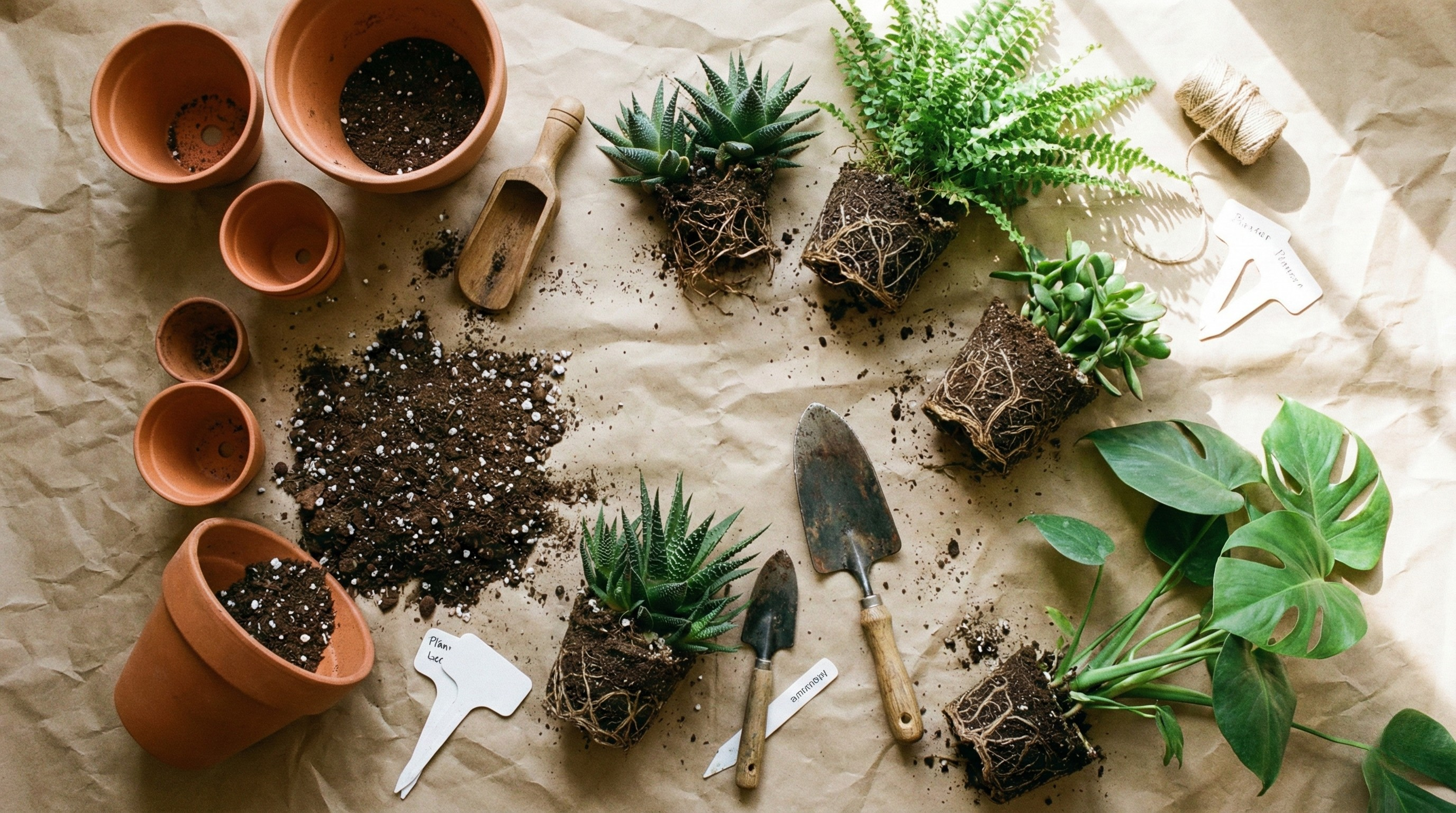 Repotting supplies flat lay with terracotta pots, soil, and plants