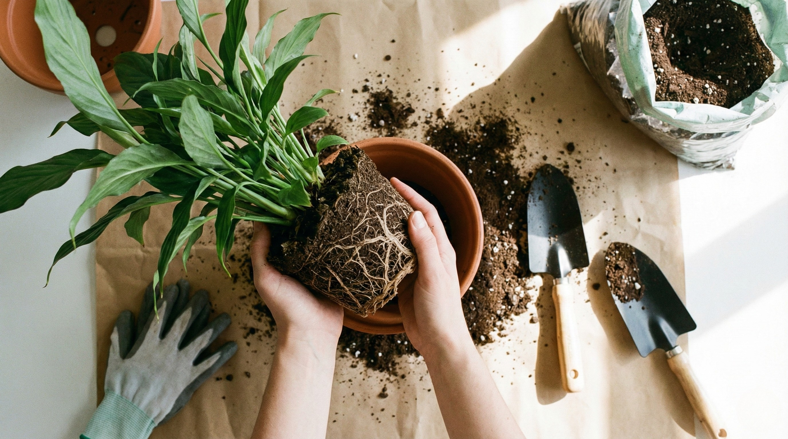Hands gently removing plant from pot, showing root ball