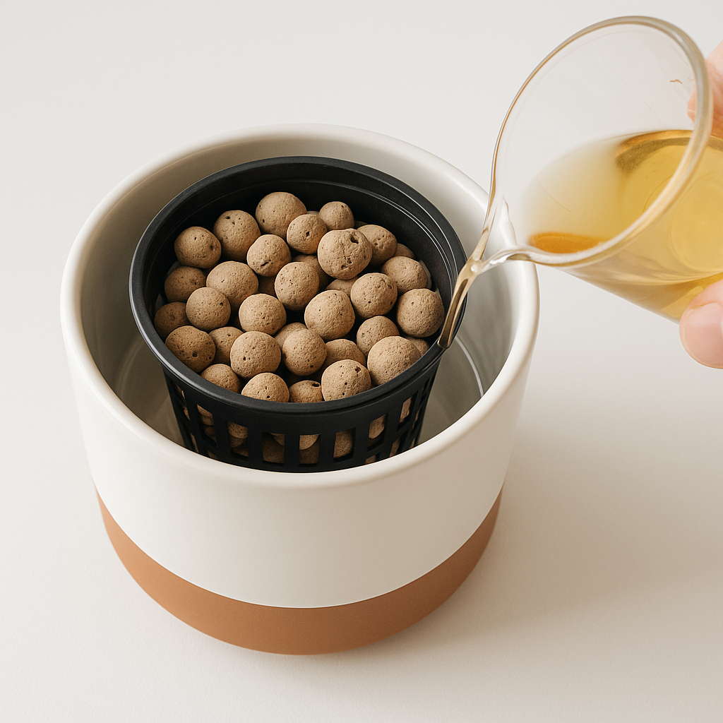 Clear net pot inner pot sitting in an outer cache pot filled with nutrient water — the reservoir method for semi-hydro