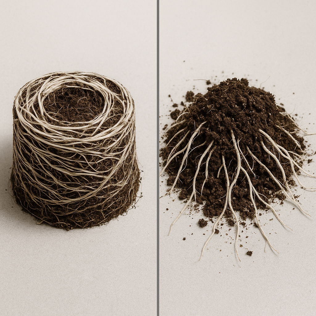 Root ball before loosening (tight spiral) vs after gentle massage (roots fanned out and relaxed)