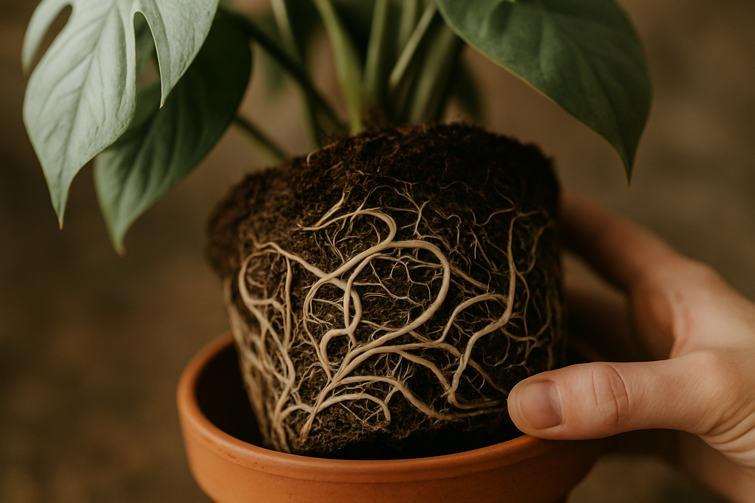 Plant being gently removed from pot revealing dense spiral of white roots circling the root ball — what root bound looks like