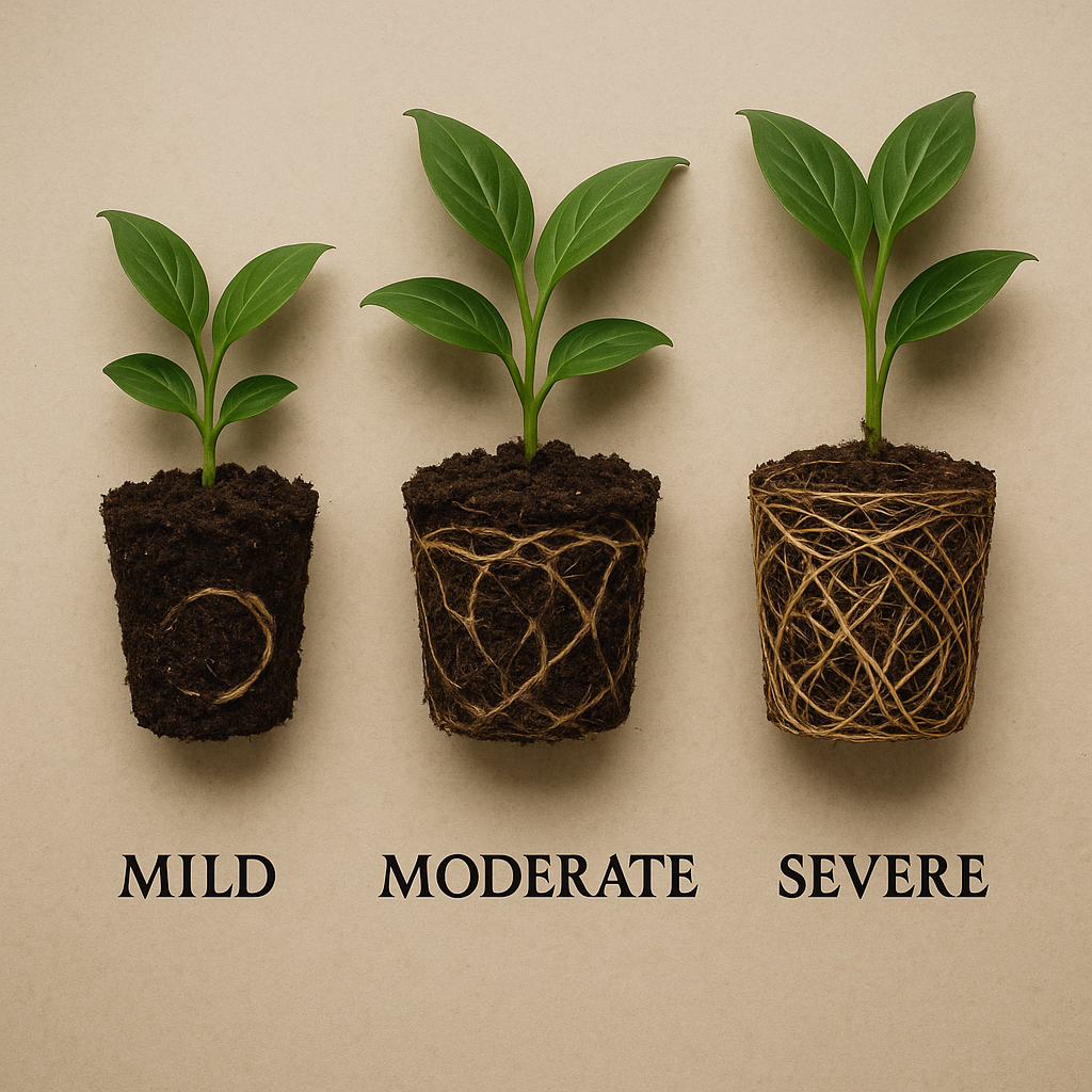 Three-tier severity scale infographic for root bound plants: mild moderate severe with descriptions of each stage