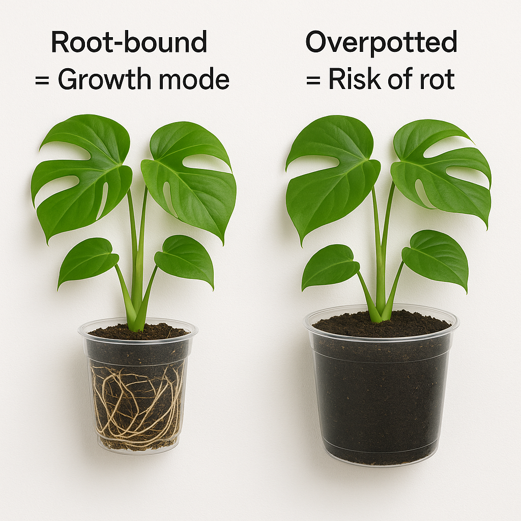 Comparison of a monstera in a slightly root-bound state vs the same plant in an oversized pot with soggy soil