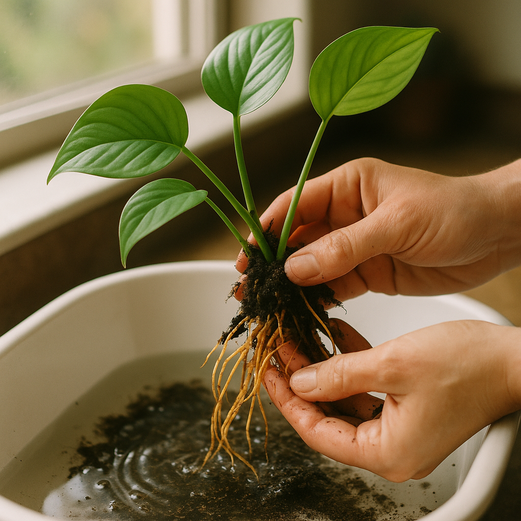 Plant roots being gently rinsed free of soil during LECA transition
