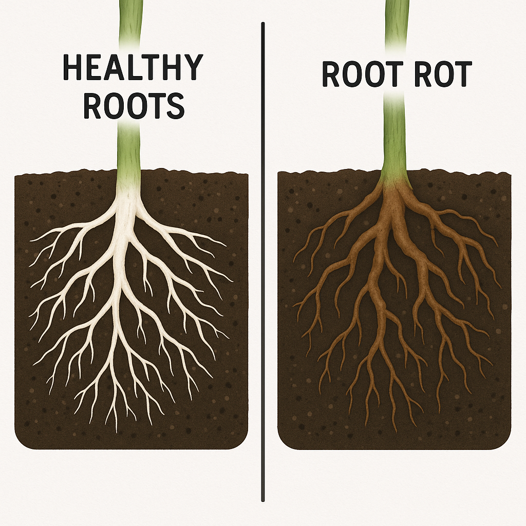 Plant root systems showing healthy white roots vs brown mushy roots from root rot caused by poor soil drainage