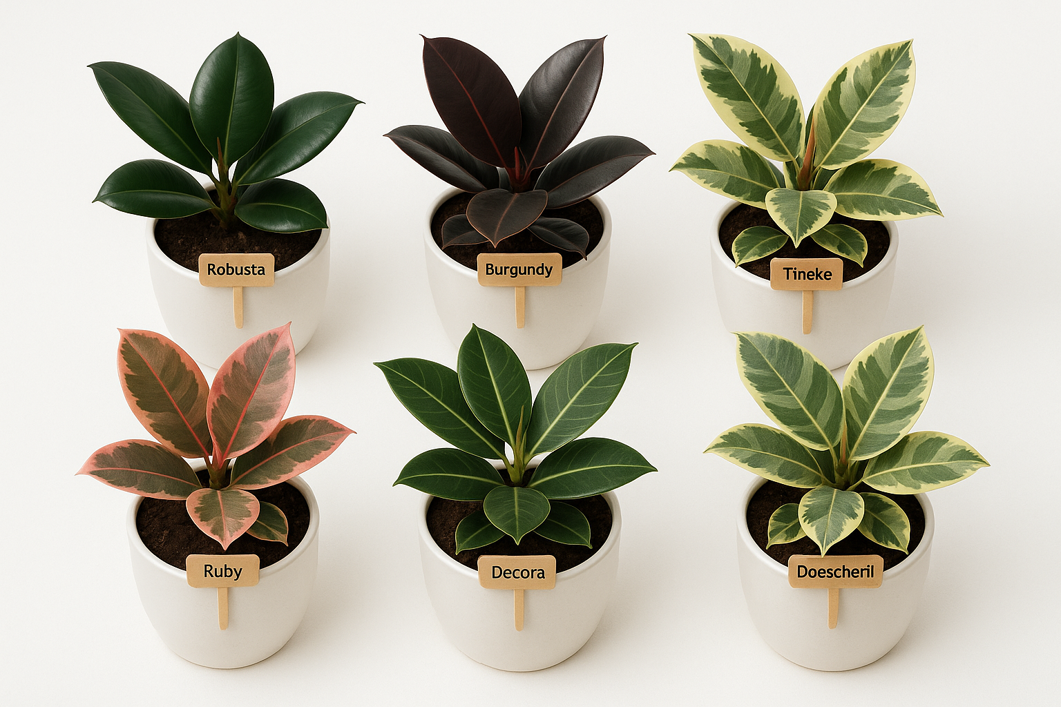 Six Ficus elastica rubber plant varieties arranged in a row — Robusta, Burgundy, Tineke, Ruby, Decora, and Doescherii — in matching white pots with plant labels