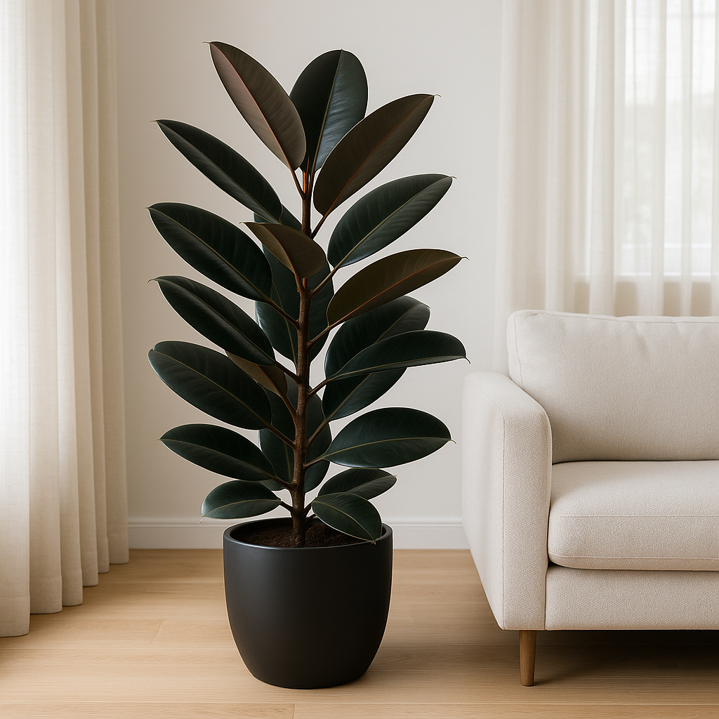 Large Ficus elastica Burgundy rubber plant in a matte black floor pot, positioned as a statement plant in a bright modern living room with light oak flooring, neutral sofa, and natural linen curtains