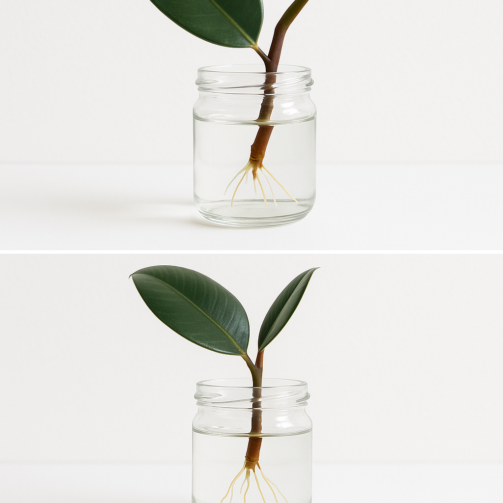 Three-stage rubber plant propagation: leaf cutting in glass of water with roots, established roots 3 inches long, cutting transferred to soil in small pot