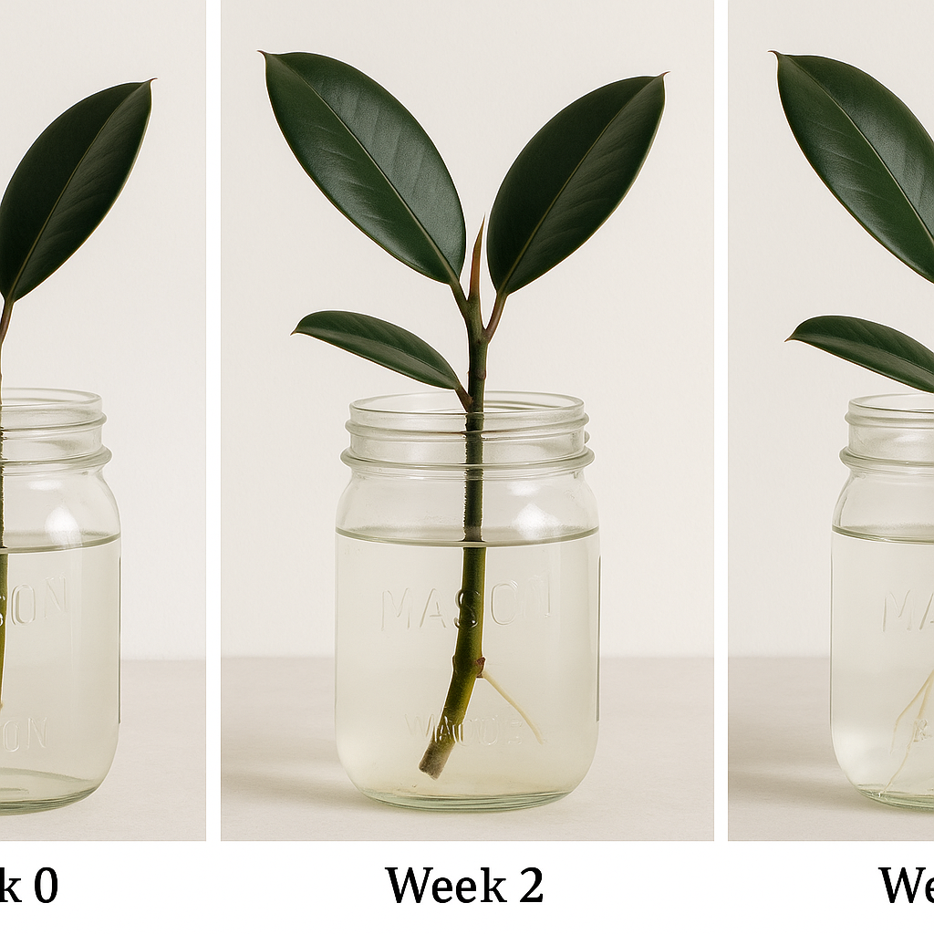 Three photographs showing rubber plant propagation in water over 4 weeks — week 0 shows a stem cutting with 2 nodes in a glass jar, week 2 shows root initials emerging, and week 4 shows established 2-inch roots ready to pot