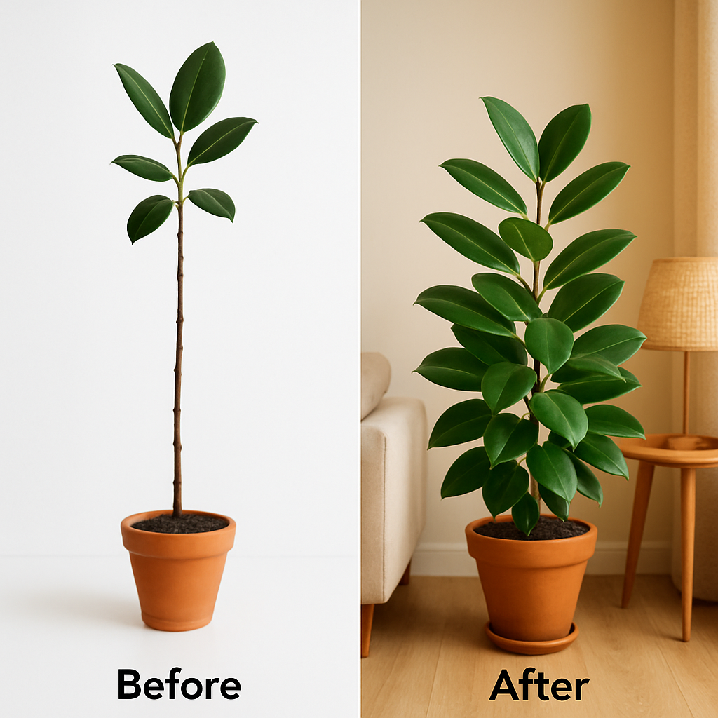 Rubber plant before and after pruning: tall single-stem leggy plant on left vs compact bushy plant with multiple branches on right