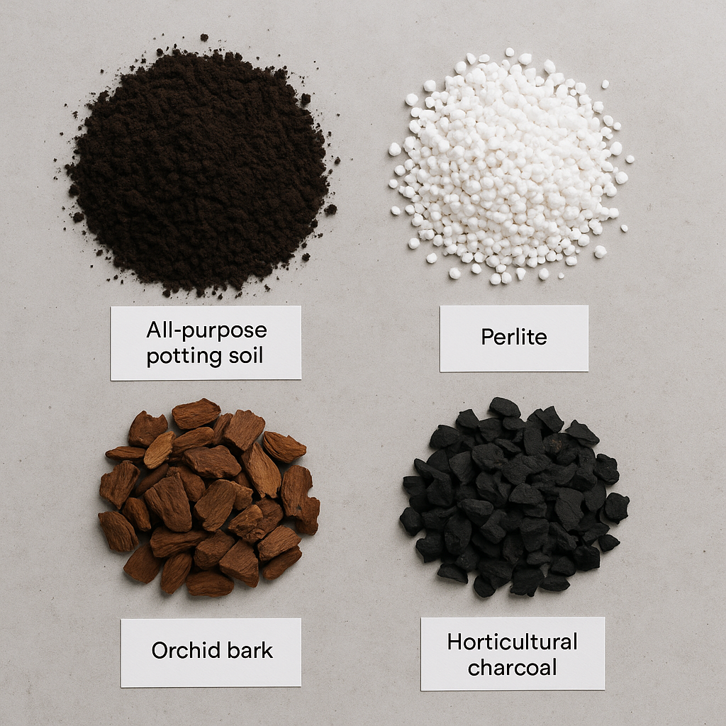 Top-down flat-lay photograph of rubber plant soil mix ingredients laid out on a clean surface: potting soil, perlite, orchid bark, and horticultural charcoal in separate labeled piles