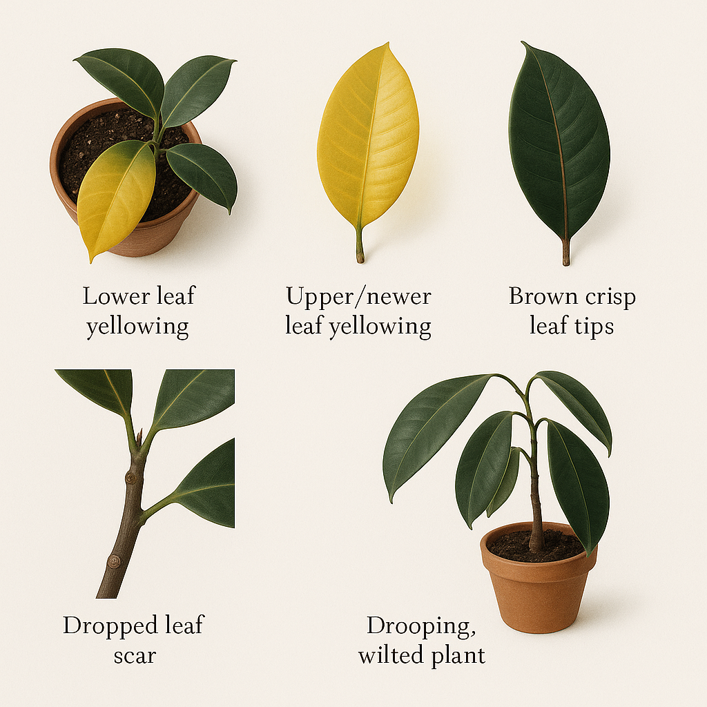 Photo grid of rubber plant problems: yellow lower leaf, yellow upper leaf, brown leaf tips, dropped leaf scars, and drooping stems with labels