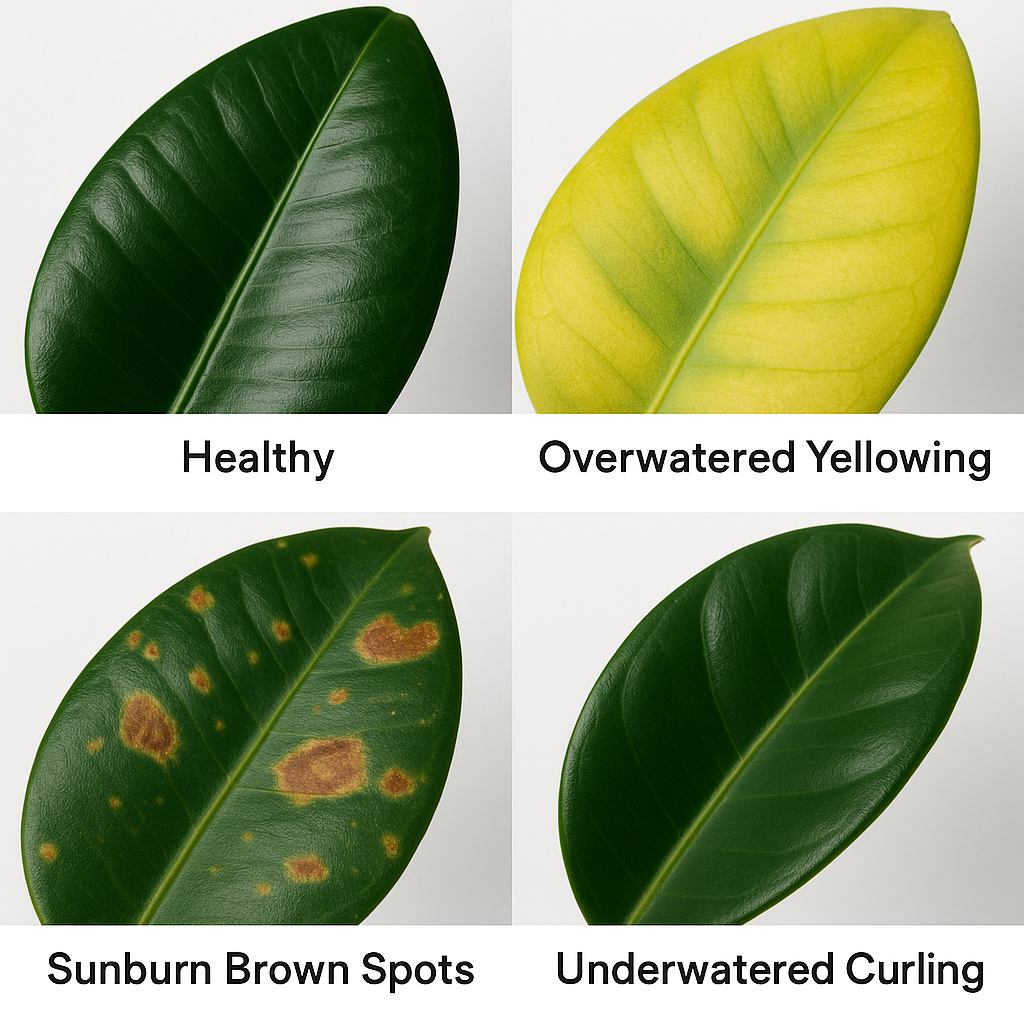 Four macro photographs of Ficus elastica leaves showing different health problems: healthy glossy green leaf, leaf with yellowing from overwatering, leaf with brown spots from sunburn, and curling leaf from underwatering — arranged in a 2x2 grid