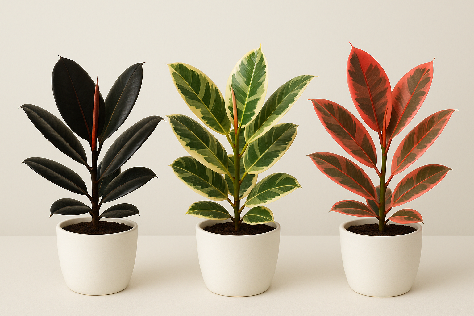 Burgundy, Tineke, and Ruby rubber plants side by side in white pots, showing color and size comparison