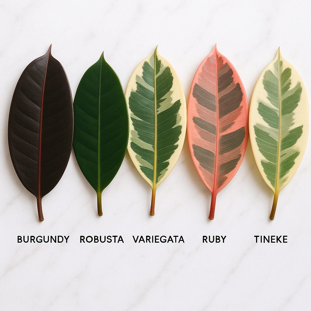 Close-up comparison showing leaf shape, color distribution, and variegation patterns of Burgundy, Tineke, Ruby, Doescherii, and Black Prince rubber plants